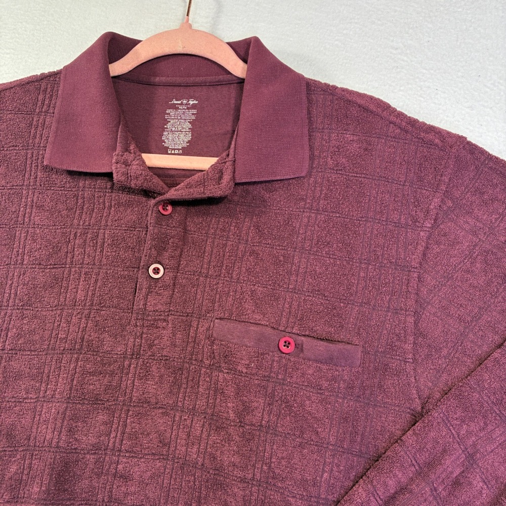 David Taylor Mens Burgundy Textured Terry Cloth Long Sleeve Polo Shirt